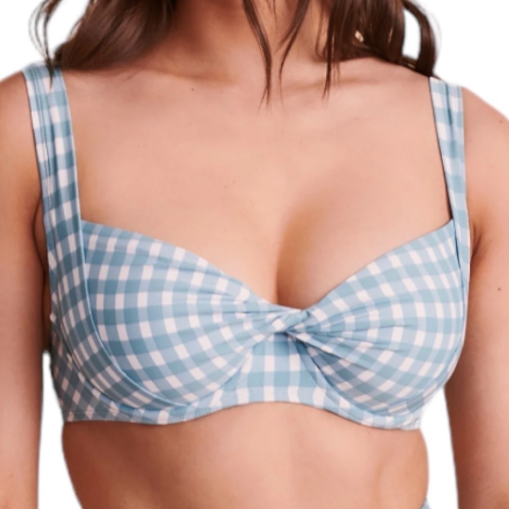 Anne Cole Gingham Twisted Bikini Top Blue White Women's Size 38C
